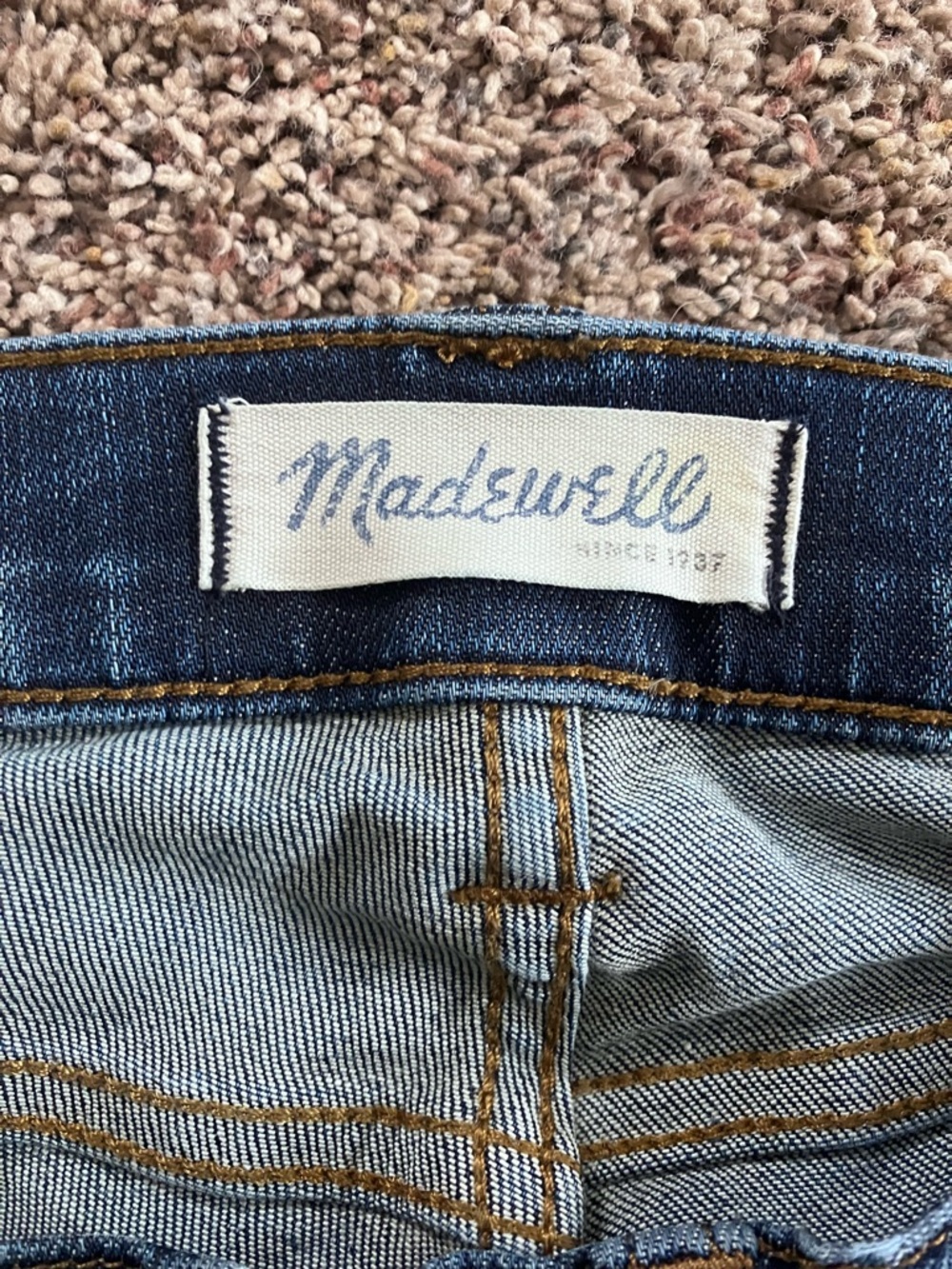 Madewell Dark Blue Faded Skinny Jeans with Gold Stitching- mid-low rise, 29
